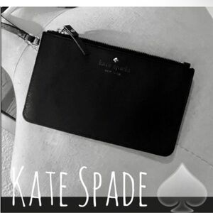 Authentic Kate Spade designer black coated leather zippered wristlet wallet